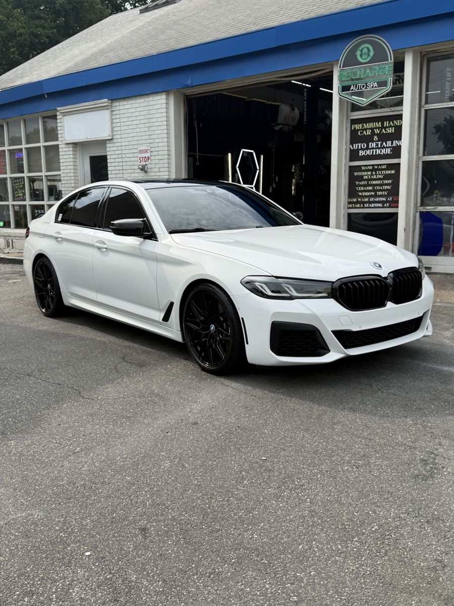 White BMW 5 Series at Recharge Auto Spa